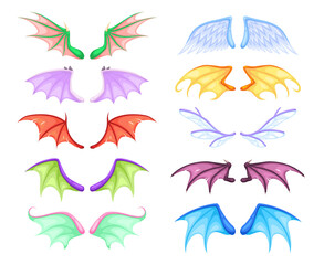 Wall Mural - Dragon wings. Different myth and fable creatures pair flying wing, fairy and dragon, angel and demon, bats and birds. Colorful magic decor collection vector cartoon isolated set