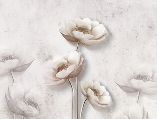 3d mural wallpaper with simple flowers in white background .
modern flowers in simple wall