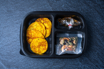 delivery lunchboxes food, flat lay. Healthy food delivery