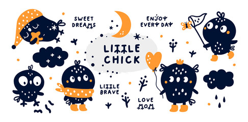 Wall Mural - Baby shower collection with cute little chick character. Creative kids clip art with cartoon bird. Design elements for newborn baby. Ideal for child room decoration, clothing, prints, anniversary