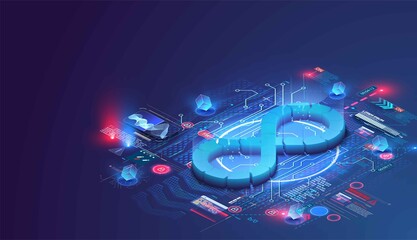 Devops software development operations infinity symbol. Web development concept in isometric design. Developing of internet app, online website service.  Landing page layout or banner template. Vector