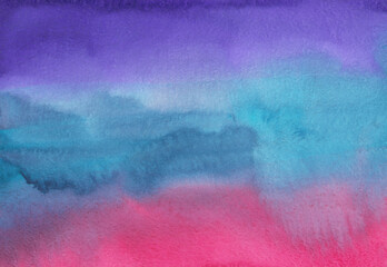 Watercolor colorful soft stripes background. Deep blue, purple, pink stains on paper backdrop. Abstract vivid watery overlay.