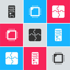 Wall Mural - Set Computer, Processor with CPU and Piece of puzzle icon. Vector.