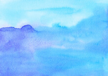 Watercolor Light Blue Background Painting. Bright Sky Blue Stains On Paper. Watery Texture.