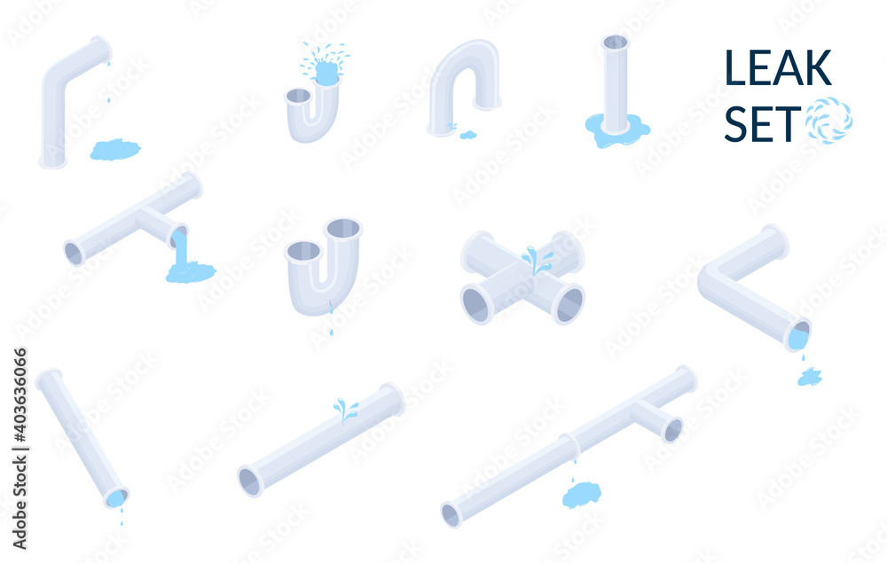 Vector isometric set of plumbing pipes with leaks isolated on white.Isometric illustration. - obrazy, fototapety, plakaty 