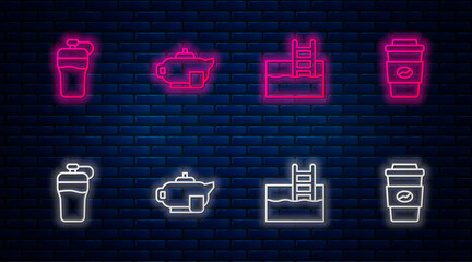 Wall Mural - Set line Teapot with cup, Swimming pool ladder, Fitness shaker and Coffee to go. Glowing neon icon on brick wall. Vector.