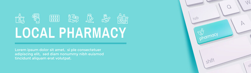 Wall Mural - Pharmaceuticals and medications icon set w web header banner
