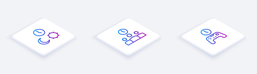 Sticker - Set Isometric line Day and night with time, Time Management and Gamepad of. White square button. Vector.