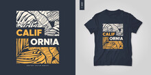 California Summer Graphic T-shirt Design, Tropical Print, Vector Illustration