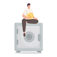 Sticker - Save money of man holding coin on strongbox of financial business banking commerce and market theme Vector illustration