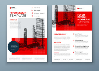 Wall Mural - Flyer template layout design. Red Corporate business flyer mockup. Creative modern vector flier concept with dynamic abstract shapes on background
