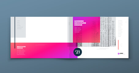 Wall Mural - Landscape Brochure design. Pink and magenta horizontal corporate business template brochure, report, catalog, magazine. Brochure layout with dynamic shape abstract background. Creative vector concept.