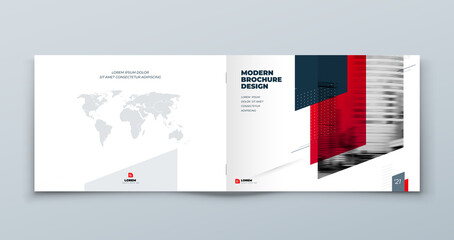 Wall Mural - Landscape Brochure design. Red horizontal corporate business template brochure, report, catalog, magazine. Brochure layout modern with dynamic shape abstract background. Creative vector concept.