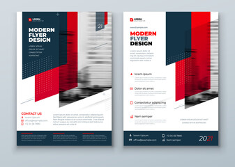 Wall Mural - Flyer template layout design. Red Corporate business flyer mockup. Creative modern vector flier concept with dynamic abstract shapes on background