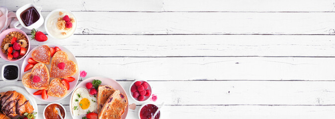 Aufkleber - Valentines or Mothers Day brunch corner border. Top down view on a white wood banner background. Heart shaped pancakes, eggs and a variety of love themed food.