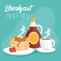 Poster - Breakfast pancakes with syrup bottle and coffee cup design, food fresh tasty and meal theme Vector illustration