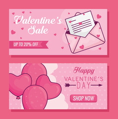 Sticker - Happy valentines day envelope and hearts balloons of love passion and romantic theme Vector illustration