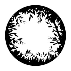 vector black and white illustration. round frame, border with a magic, fairy forest. silhouette of the forest, herbs, branches. background for postcard, halloween, book.