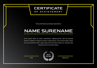 Wall Mural - yellow certificate of achievement template. certificate design for gaming or sport tournament and competition