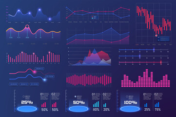 Fototapete - Bundle infographic UI, UX, KIT elements. Modern infographic dashboard, financial statistics and analytics progress scale panel,control diagram, digital display screen. Navigation and graphs components