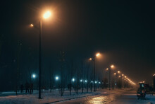 Urban Alley In Foggy Winter Night Illuminated By Street Lamps.
