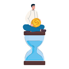 Canvas Print - man with coin money dollar seated in hourglass vector illustration design