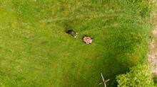 Drop Down View Of A Person Mowing Lawn.