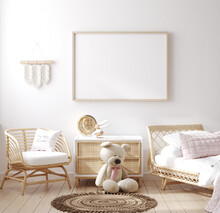 Mockup Frame In Children Bedroom With Wicker Furniture, Coastal Boho Style, 3d Render