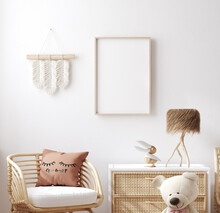Mockup Frame In Children Bedroom With Wicker Furniture, Coastal Boho Style, 3d Render
