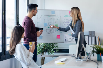 Wall Mural - Elegant multiage businessteam talking while explain a project to their colleagues in white blackboard on modern startup.