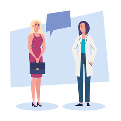 Poster - professional female doctor and businesswoman characters vector illustration design