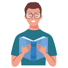 Poster - man wearing eyeglasses reading text book vector illustration design