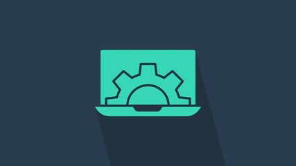 Turquoise Software, web development, programming concept icon isolated on blue background. Programming language and program code on screen laptop. 4K Video motion graphic animation.