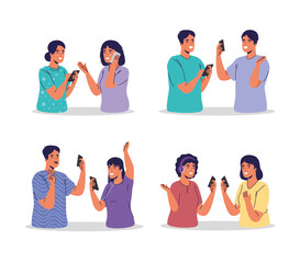 Wall Mural - young couples using smartphones technology vector illustration design