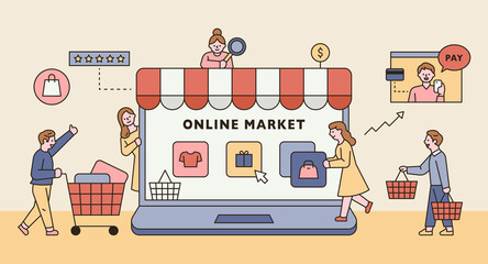 Wall Mural - online shop concept. there is an online store on a large laptop monitor and customers are gathering.