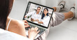 © Art_Photo - Woman talk speak using laptop computer and video conference online with doctor and stethoscope service help support team discussing and consulting talk video chat call checkup information at home