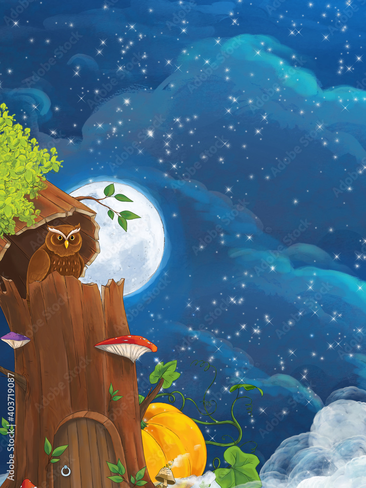 cartoon scene with owl sitting in the tree by night - illustration ...