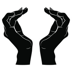 Two beautiful human female hands in elegant cupped gesture. Black and white silhouette. Cartoon style. Isolated vector illustration.