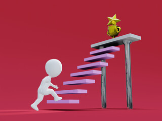 3D RENDER ILLUSTRATION. Businessman walking up step to top success ladder. Cartoon characters people business job concept. Human goes up stairs to golden star trophy winner goal.