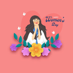 Poster - Happy Women's Day Concept With Cheerful Young Girl Character, Flowers, Leaves, Paper Butterflies On Red Background.