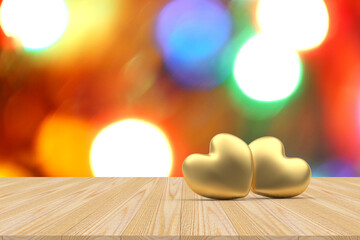 Two gold hearts on a background of festive blurred bokeh lights. 3d illustration