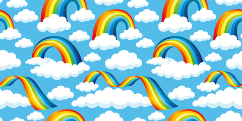Wall Mural -  Seamless pattern with bright rainbow and clouds on a blue background.