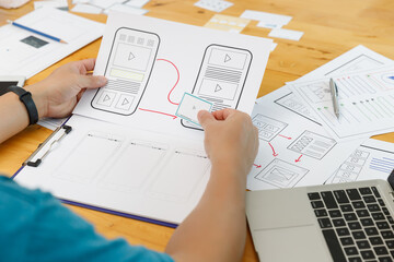 Graphic designers work together with UX UI designer planning application template layout framework for mobile phone computer mobile
