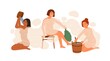 Group of woman in public bathhouse or banya full of hot steam vector flat illustration. Happy female washing their bodies and holding brooms and buckets isolated. People during bathing