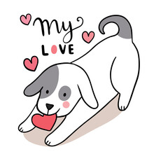 Hand Draw Cartoon Cute Valentine Day, Dog And Heart Vector.