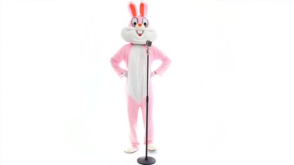 Wall Mural - Funny crazy singer Easter bunny or rabbit sings in retro vintage microphone, celebrates easter, dances, isolated on white background. Happy musician, rabbit or hare having fun