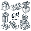 Cardboard gift boxes set. Closed and open empty holiday packages collection. Vector hand drawn sketch illustration