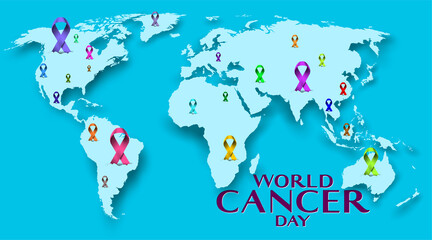  World cancer day concept with world map and many colorful awareness ribbon. Together healing each other all around the world