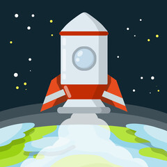 Wall Mural - rocket. launch of spaceship. start to earth orbit. flat cartoon illustration. flight into space. red