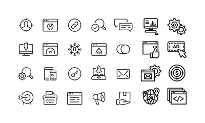 Set of  Web development web icons in line style. Marketing, analytics, e-commerce, digital, management, seo. Vector